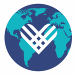the giving tuesday logo. it is a flat globe with dark blue sea and lighter blue land. At the center of the globe, there is a heart made up from crossed white lines